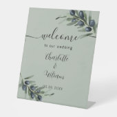 Bruiloft olijfblad groen welkom reclamebord met voetstuk (Voorkant)