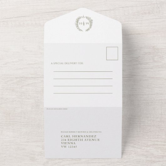 Bruiloft olijfgroene witte ovale bladeren monogram all in one uitnodiging (Buitenkant)