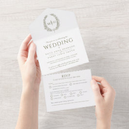 Bruiloft olijfgroene witte ovale bladeren monogram all in one uitnodiging