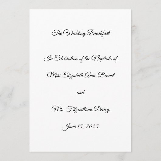 Bruiloft ontbijt menu Engels Regency stijl (Achterkant)