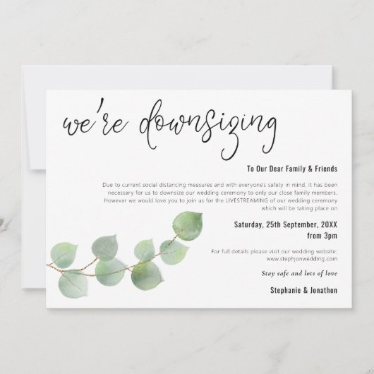 Bruiloft Ontslag Script Elegante Eucalyptus Aankondiging (Voorkant)