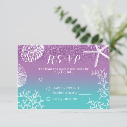 Bruiloft op het strand Lavendel Teal Ombre RSVP-re RSVP Kaartje (Staand voorkant)