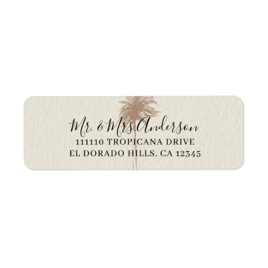 Bruiloft op het strand met bruine palmbomen in vin etiket (Voorkant)