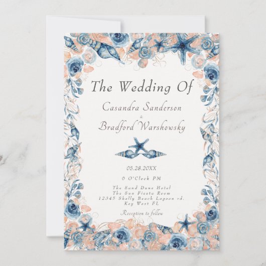 Bruiloft op het strand met schelpen, bloemen en ro kaart (Voorkant)