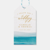 Bruiloft op het strand met waterverf en goudschrif cadeaulabel (Voorkant)
