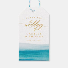 Bruiloft op het strand met waterverf en goudschrif cadeaulabel