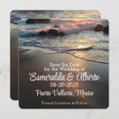 Bruiloft op strand met golven en kust save the date (Voorkant / Achterkant)