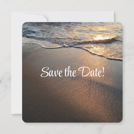 Bruiloft op strand met golven en kust save the date (Achterkant)