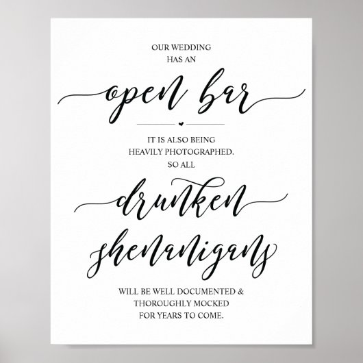 Bruiloft Open Bar, dronken streken bord Poster (Voorkant)