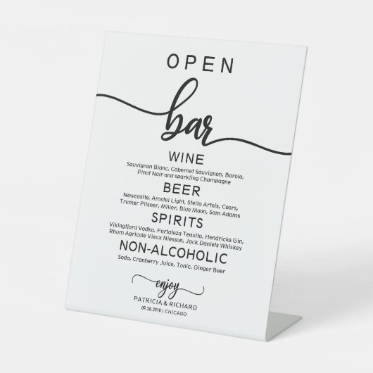 Bruiloft Open Bar Menu Bord Rustic Chic Calligrafi Reclamebord Met Voetstuk (Voorkant)
