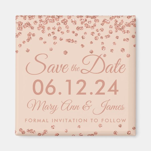 Bruiloft Opslaan Datum Roos Gouden Glitter Confett Magneet (Voorkant)