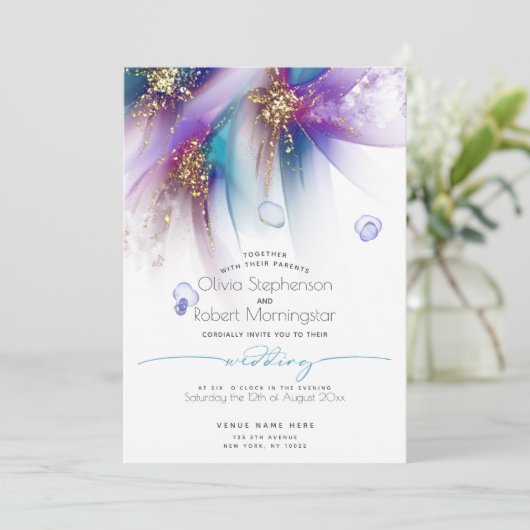 BRUILOFT | Opvallend Blauwgroen Paars Abstract Kaart (Staand voorkant)