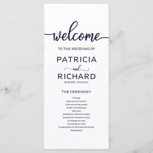 Bruiloft Orde van Service Programma Chic Navy Blue Programmakaart (Voorkant)