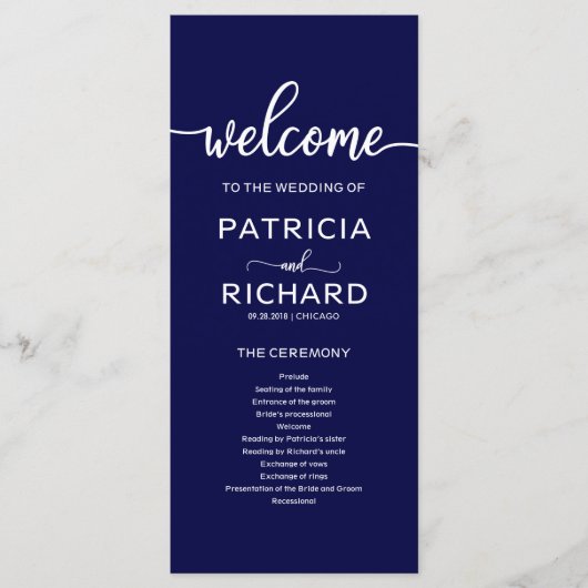 Bruiloft Orde van Service Programma Marine Blauw Programmakaart (Voorkant)