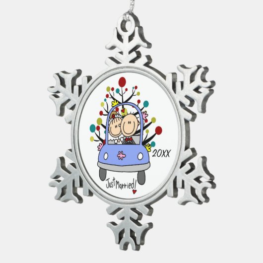 Bruiloft Paar in Auto Kerstmis Sneeuwvlok Ornament (Rechts)