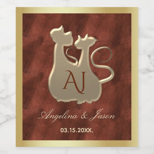 Bruiloft Paar Katten Goud Koper Wijn Etiket (Enkel label)