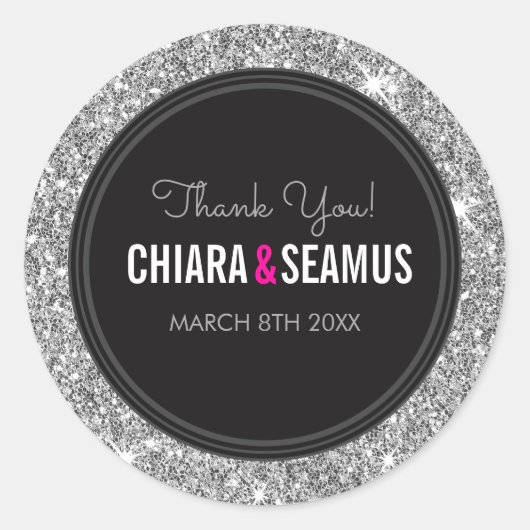 BRUILOFT PAAR SEAL modern zilver glitter zwart Ronde Sticker (Voorkant)