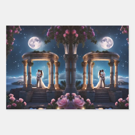 Bruiloft paar zoenen in een Romeinse ruïne Inpakpapier Vel (Voorkant)