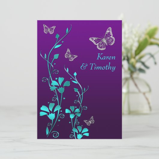 Bruiloft | Paarse Blauwgroen zilver, bloemig | Vli Kaart (Staand voorkant)