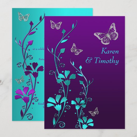 Bruiloft | Paarse Blauwgroen zilver, bloemig | Vli Kaart (Voorkant / Achterkant)