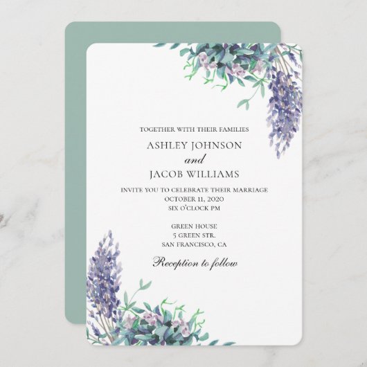 Bruiloft paarse en blauwgroen uitnodiging. Tuinblo Kaart (Voorkant / Achterkant)