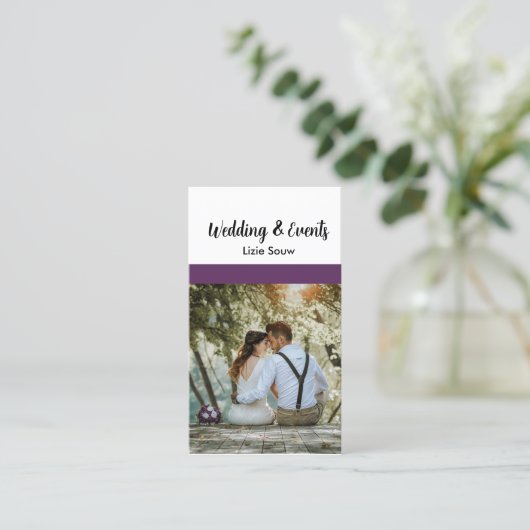 Bruiloft paarse en witte aangepaste foto visitekaartje (Staand voorkant)