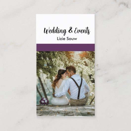 Bruiloft paarse en witte aangepaste foto visitekaartje (Voorkant)