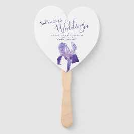 Bruiloft paarse iris bloemkunst programma fans handwaaier