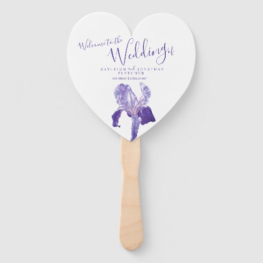 Bruiloft paarse iris bloemkunst programma fans handwaaier (Voorkant)