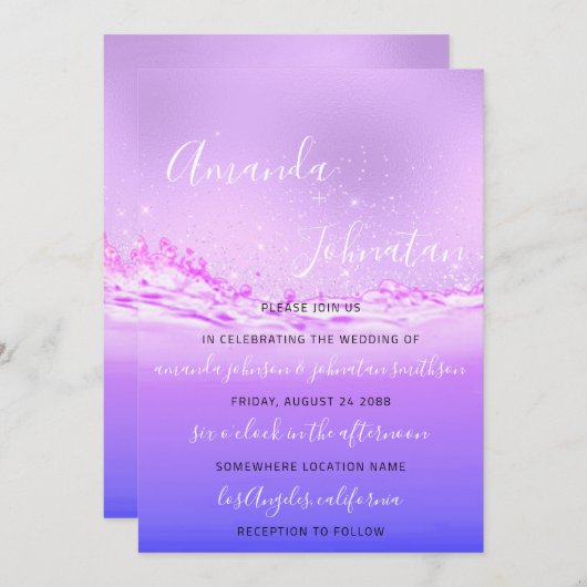 Bruiloft Paarse Oceaan Roze Vonk Bubbles Aqua Kaart (Voorkant / Achterkant)