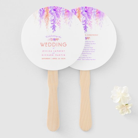 Bruiloft paarse oranje bloem cascade programma fan handwaaier (Voorkant en achterkant)