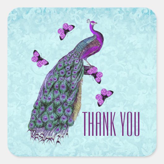 Bruiloft Paarse  Peacock DANK U V01C3 Vierkante Sticker (Voorkant)