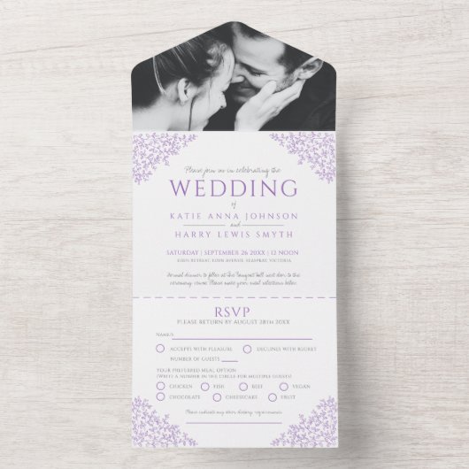 Bruiloft paarse witte bladeren foto maaltijd RSVP  All In One Uitnodiging (Binnen)