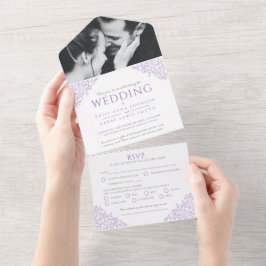 Bruiloft paarse witte bladeren foto maaltijd RSVP All In One Uitnodiging
