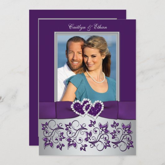 Bruiloft | Paarse, zilveren | Bloemen, harten | Fo Kaart (Voorkant / Achterkant)