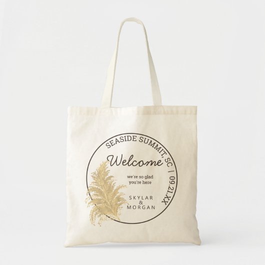 Bruiloft Pampas Grass Tan Op Wit Chic Welkom Tote Bag (Voorkant)