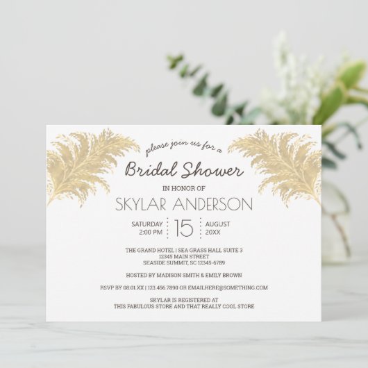 Bruiloft Pampas Grass Tan Op Wit Vrijgezellenfeest Kaart (Staand voorkant)