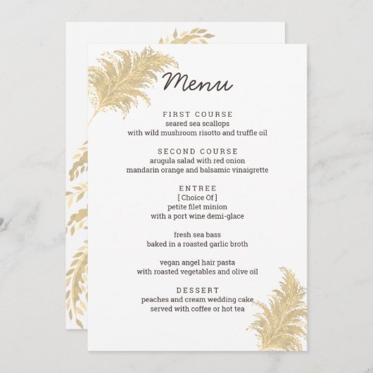 Bruiloft Pampas Grass Tan op witte receptie Menu (Voorkant / Achterkant)