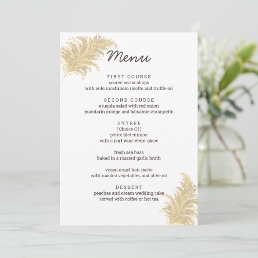 Bruiloft Pampas Grass Tan op witte receptie Menu (Staand voorkant)