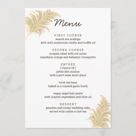 Bruiloft Pampas Grass Tan op witte receptie Menu (Voorkant)