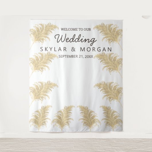 Bruiloft Pampas Grass Tan op witte selfie Foto Wandkleed (Voorkant)