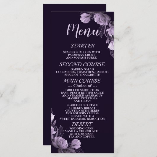 Bruiloft Party Paarse Bloemen Violet Elegant Rusti Menu (Voorkant / Achterkant)