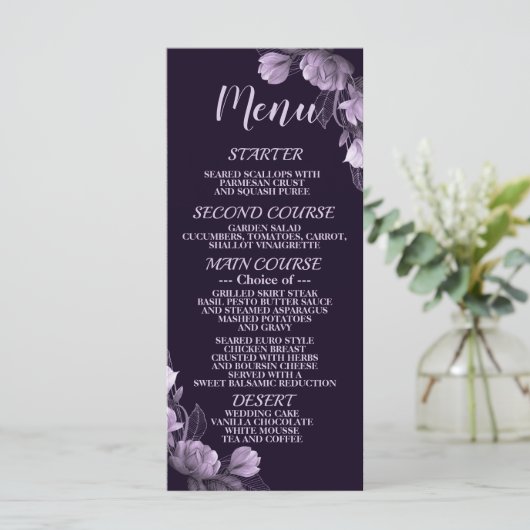 Bruiloft Party Paarse Bloemen Violet Elegant Rusti Menu (Staand voorkant)