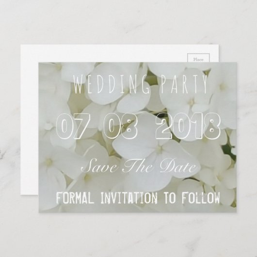 Bruiloft Party Save De datum Bloemen Hydrangea Wit Aankondigingskaart (Voorkant / Achterkant)