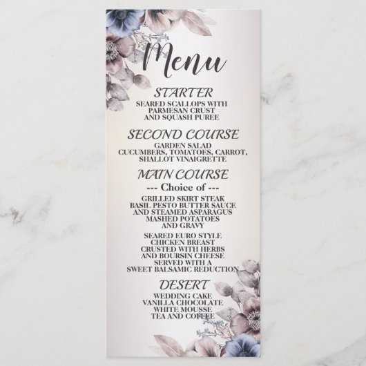 Bruiloft Party Waterverf Pastel Blauw Beige Flower Menu (Voorkant)