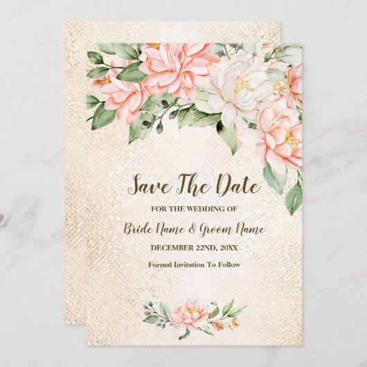 Bruiloft Party Waterverf Perzik Witte Bloem Save T Save The Date (Voorkant / Achterkant)