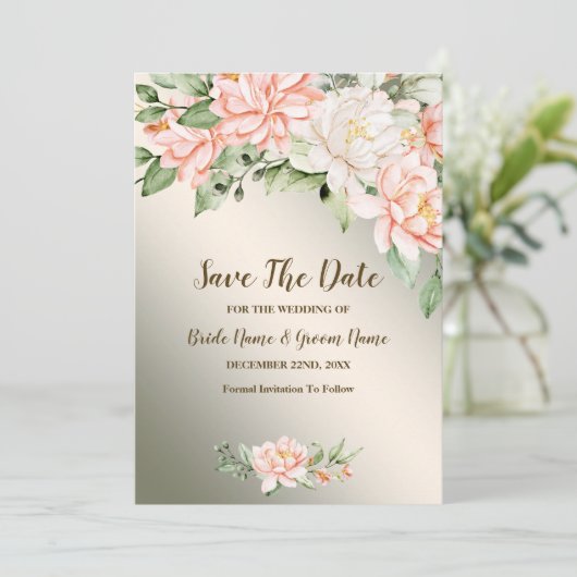 Bruiloft Party Waterverf Perzik Witte Bloem Save The Date (Staand voorkant)