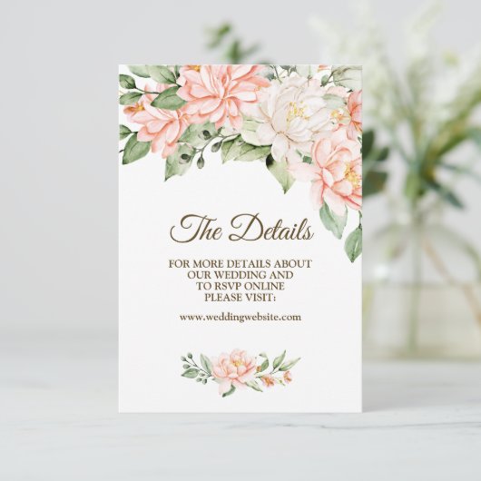 Bruiloft Party Waterverf Perzik Witte Bloemen Informatiekaartje (Staand voorkant)