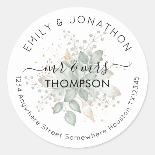 Bruiloft Pas getrouwd naam retour adres gebladerte Ronde Sticker (Voorkant)
