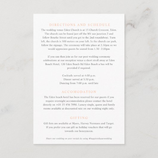 Bruiloft perzik boom bloesem De details plat Informatiekaartje (Achterkant)